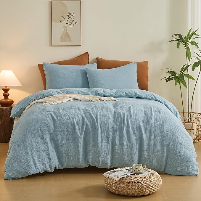 Simple&Opulence Linen Muslin Duvet Cover Set Twin Size, 3Pcs Blue Linen Cotton 3-Layer Gauze Minimalist Comforter Cover 68”x86”, Ultra Soft Breathable Seersucker Bedding Set with 1 Pillowcase
