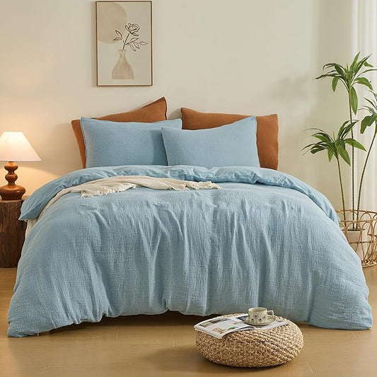 Simple&Opulence Linen Muslin Duvet Cover Set Twin Size, 3Pcs Blue Linen Cotton 3-Layer Gauze Minimalist Comforter Cover 68”x86”, Ultra Soft Breathable Seersucker Bedding Set with 1 Pillowcase