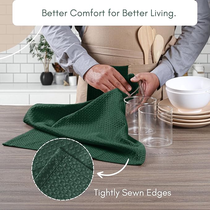 TWINY threads Kitchen Towels - Set of 6, 100% Cotton Waffle Weave Easter Dish Towels with Hanging Loop, Soft and Washable for Table Cleaning, Dinning, Parties - 16"X 26" - Olive Green