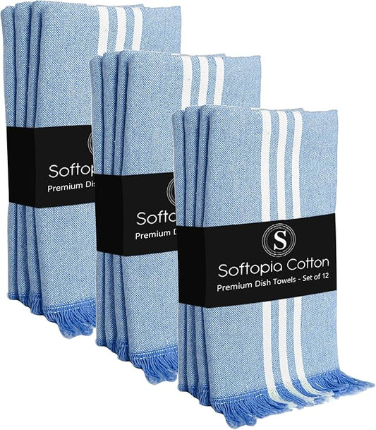 Stripe Kitchen Dish Towels 12 Pack, 16x26 Inches, 100% Cotton Tea Towels, Quick Dry Wash Rags, Reusable and Washable Dishcloths, Absorbent Hand Towel for Everyday Use - Sky Blue