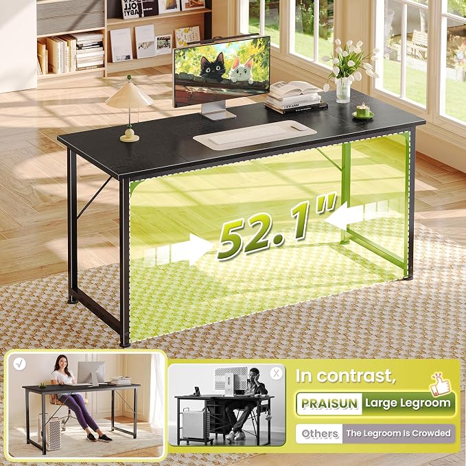 PRAISUN 55 Inch Computer Desk, Home Office Desk with Spacious Desktop, Modern Gaming Desk, Writing Study Table for Bedroom, Small Spaces, Work from Home Desk with Metal Frame, Black
