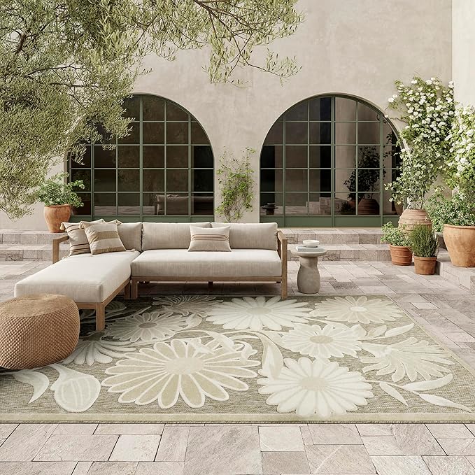 Nourison Home Aloha Ivory Sage 9' x 12' Area Rug - Easy Clean, Non Shedding, Bed Room, Living Room, Dining Room, Kitchen (9' x 12')