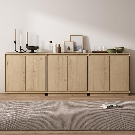 3pcs Sideboard Cabinet Buffet Cabinet with Storage with Adjustable Shelves and Handle-Free Design Suitable for Kitchens,Hallway,and Living Rooms Light Oak