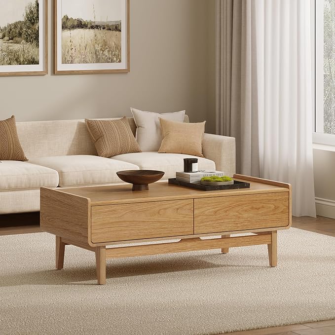 LuxenHome Coffee Table with Storage, 47" Mid Century Modern Summer Oak Wood Center Table for Living Room, Wooden Space-Saving Rectangular Accent Storage Table for Home, Office