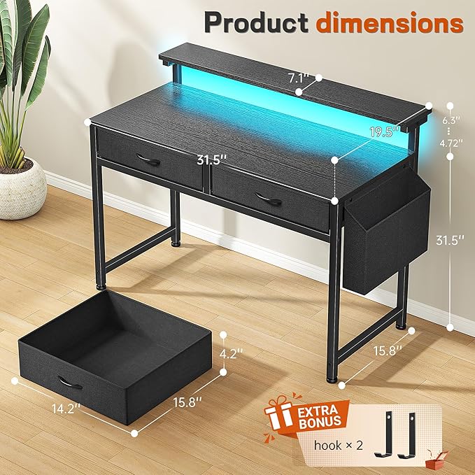 DurayLoly 31Inch Office Computer Desk with LED Lights & 2 Fabric Drawers, Gaming Desk with Side Pocket & Ergonomic Monitor Stand, Small Space Study Writing Table with Anti-Tip Design,Black