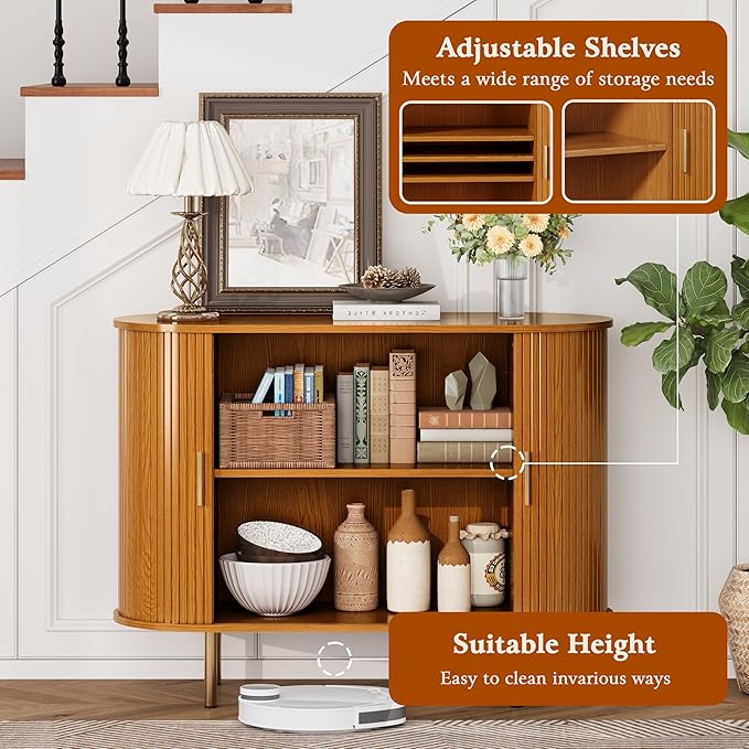 DHH Sideboard Buffet Cabinet with Storage,Mid Century Modern Fluted Accent Coffee Bar Console Table,Tambour Sliding Doors& Adjustable Shelf for Kitchen, Living Room, Entryway (Yellow walnut40 Inch)