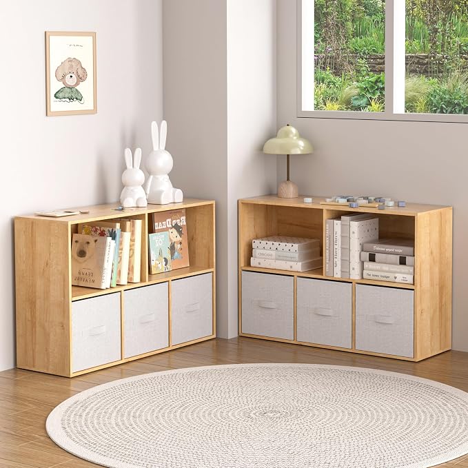 Wooden 5 Cube Storage Organizer with Closed Back Panel,White Cube Shelf Cubby Storage Organizer with Compartments for Living,Bookshelf, Easy to Install (Oak, 5 Cube-11in)