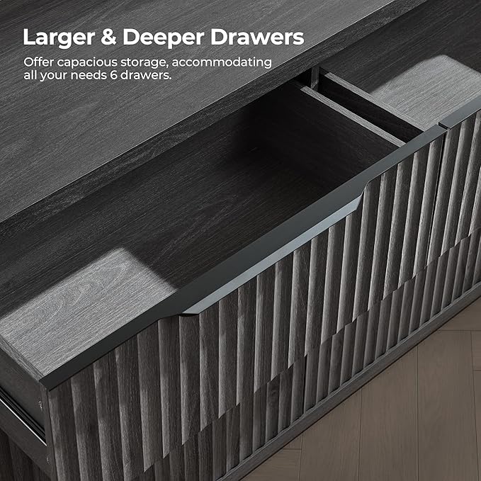 SICOTAS Dresser for Bedroom 107" Wide 6 Drawer Dressers & Chests of Drawers for Closet Long Large Modern TV Stand Set for Clothes Storage Fluted Clothes Closet for Hallway Entryway, Dark Grey Alder