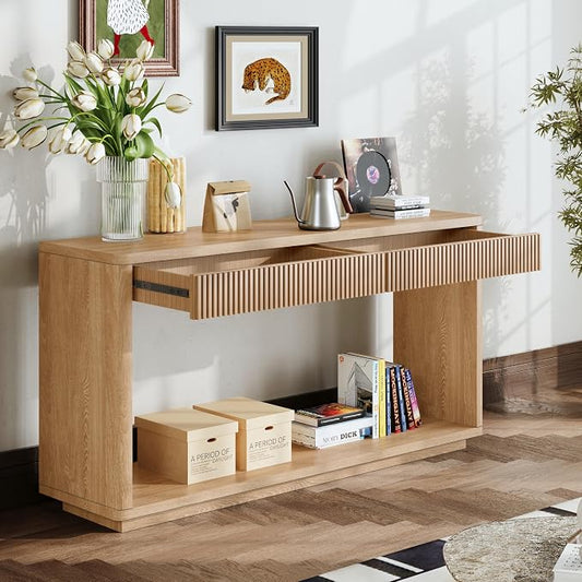 Wood Console Table, 59.8" Retro Long Sofa Table Behind Couch with 2 Fluted Drawers, Farmhouse Wooden Narrow Sofa Table Hall Table for Living Room Foyer Entrance Entryway, Natural