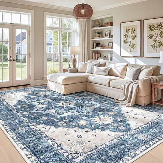 Area Rug 9x12 Vintage Rug: Large Washable Indoor Medallion Rugs Low Pile Distressed Floor Carpet Retro Accent Rug for Living Room Bedroom Kitchen Dining Table Home Office(Blue, 9'x12')