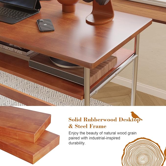 100% Solid Wood Desk, 31.5" Writing Computer Desk for Small Spaces, Vintage Home Office Desks, Mid Century Modern Desks with Thickened Stainless Steel Legs for Study, Makeup & Workstation (Cherry)