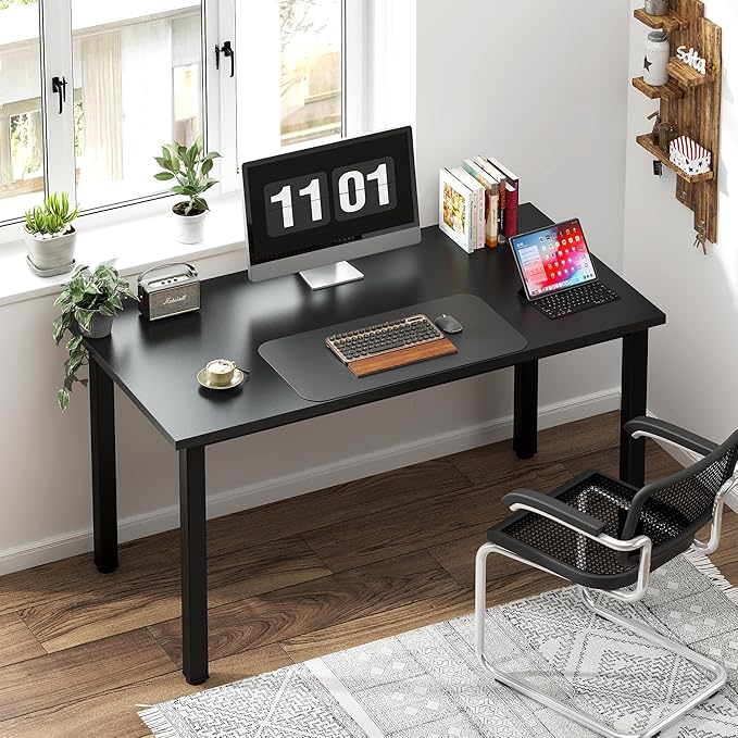 Need Computer Desk, 47 inch Home Office Desk, Modern Simple Style Home Office Gaming Desk, Basic Writing Table for Study Student, Black Metal Frame, Black Table Top
