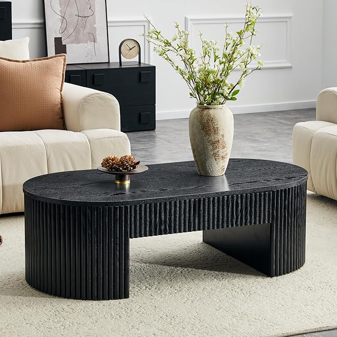 Oval Coffee Table, 47.5" Coffee Table with Storage, Fluted Accent Center Table with Textured Roman Column Patterns, Mid Century Modern Coffee Tables for Living Room, Office, Apartment, Black