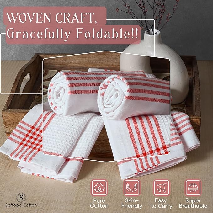 Waffle White & Red Kitchen Dish Towels, Set of 12, 100% Cotton 16x26 inches, Absorbent Tea Towel, Multi-Purpose Hand Cleaning Towel, Strong and Reusable Dish Cloths for Drying Dishes