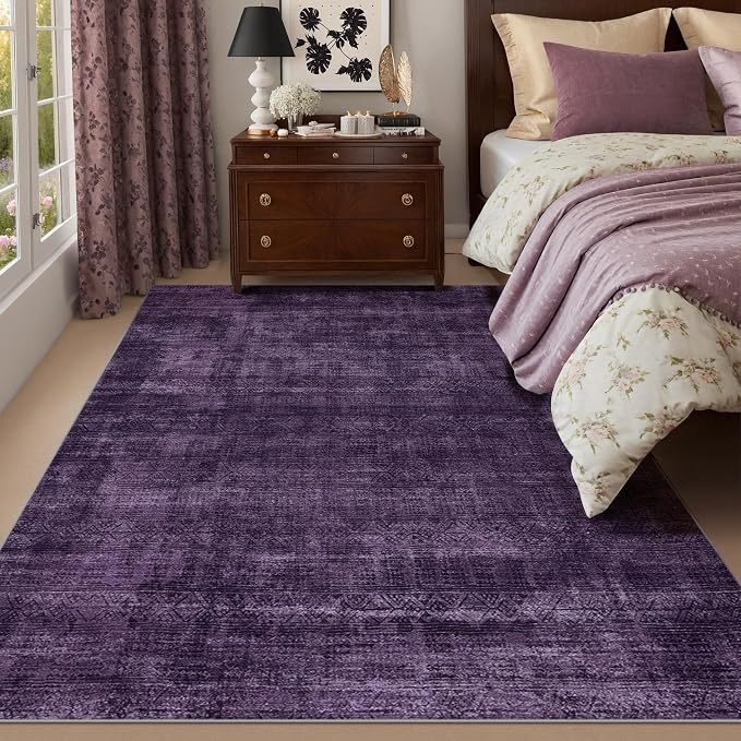 Kokia Abstract Area Rugs Washable Indoor 6x9 Rug Boho Distressed Retro Low Pile Non-Slip Non-Shedding Carpet Bedroom Living Room Dining Room, Purple Rug, Oslo Dusty