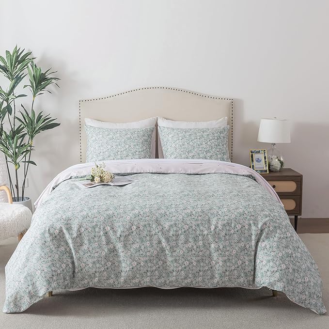 HoneiLife Duvet Cover King Size - 100% Cotton Comforter Cover Floral, Light Green Duvet Cover with Zipper Closure and Corner Ties, 3-Piece Wildflower Comforter Cover Sets