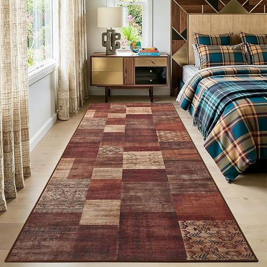 Tepook Modern Runner Rug for Living Room, 2x6 Washable Rugs for Bedroom Hallway, Geometric Patchwork Runner Rug Non-Slip Indoor Throw Carpet for Entryway Kitchen Office Home Decor, Red