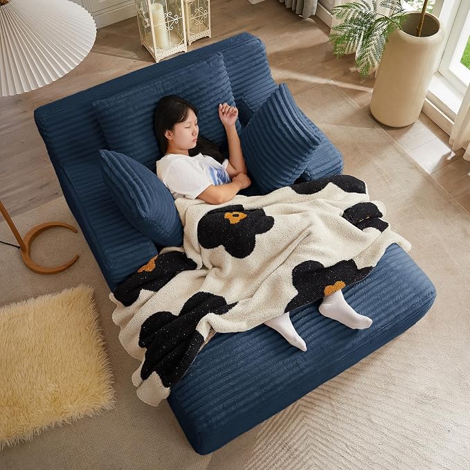 50" Chaise Lounge Chair Indoor, Corduroy Lazy Sofa Bed Sleeper Chair with 3 Pillows & Spring Cushion, Oversized Reading Chair for Living Room Apartment, Blue