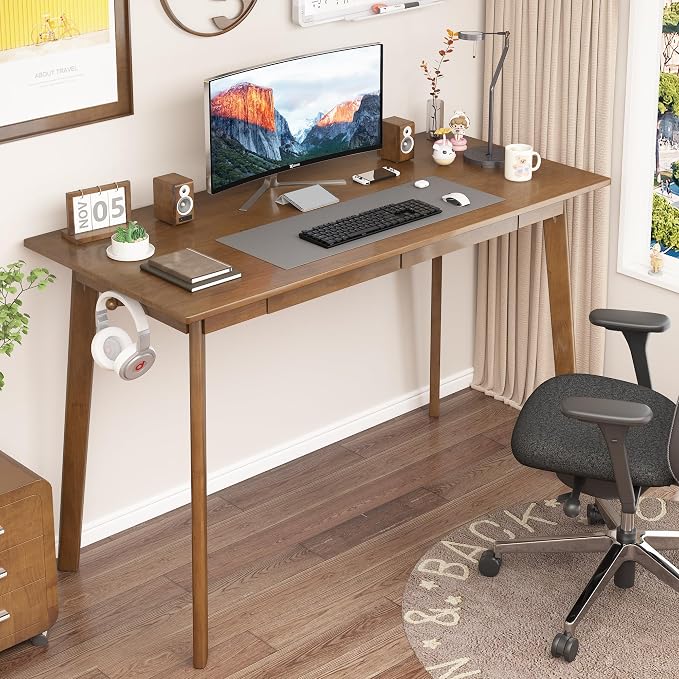 Solid Wood Desk with Drawers - 47 x 16 Inch Modern Narrow Desks, Rubber Wood Study Table, Small Writing Desk for Small Spaces|Bedroom - Black Desks
