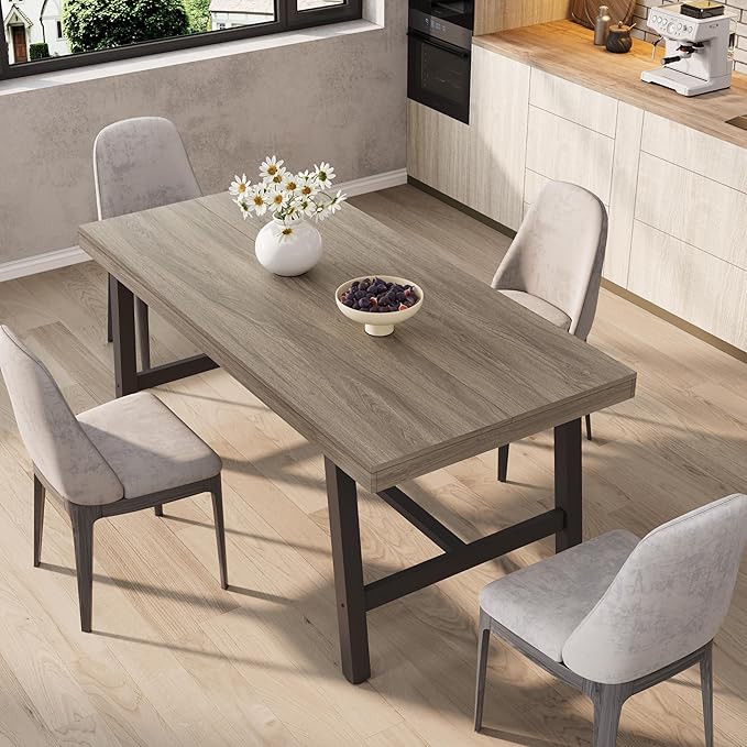 GarveeHome Industrial Dining Table for 4-6 People, 63" Long Wooden Kitchen Table with Sturdy Metal Frame & Black Finish - Seats 4 Rectangular Counter for Dinner, Kitchen, Dining Room - Grey Walnut
