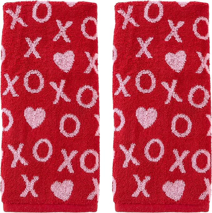 SKL Home Valentines Day Xs and Os Jacquard 100% Cotton Reversible 2pc Hand Towel Set, Decorative for Bath/Kitchen/Bar & Gift, Red