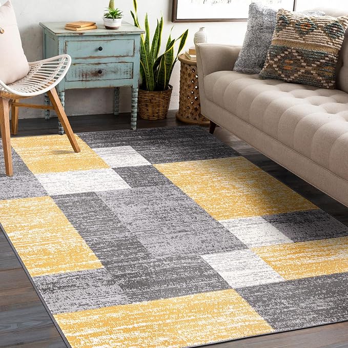 Rugshop Oslo Modern Yellow Area Rug, Geometric Boxes Design, Non-Shedding Carpet for Living Room or Bedroom, 5' x 7'