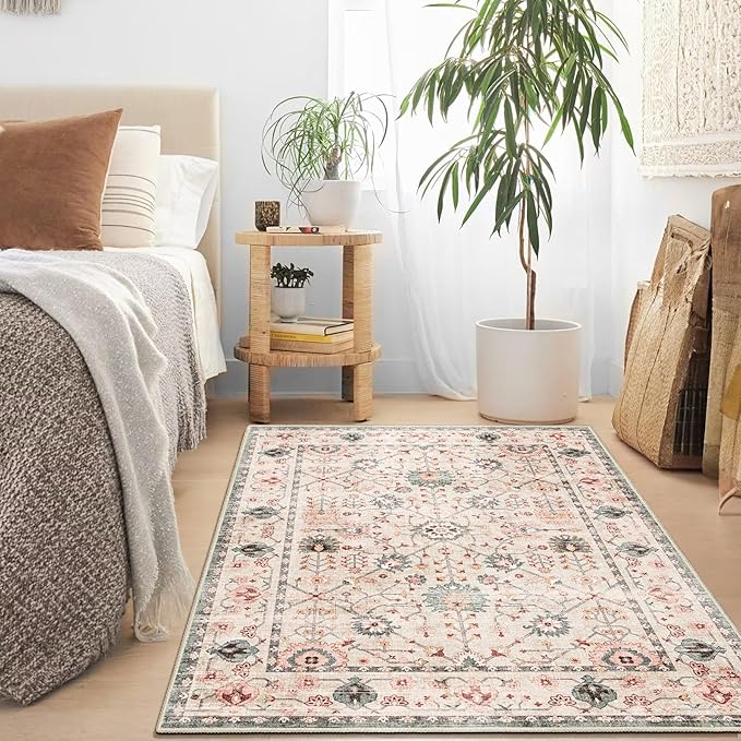 MUJOO Washable Rug 3'x5' Pink,Boho Small Area Rugs for Entryway Bedroom Living Room Kitchen,Non Slip Carpet Indoor,Vintage Soft Green and Blush Floral Rug