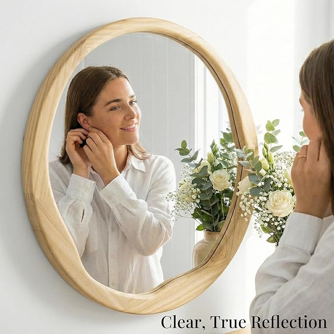 Round Wood Mirror 30 Inch, Large Asymmetrical Wavy Frame Wall Mirror for Entryway, Living Room, Solid Wood Irregular Circle Art Decor