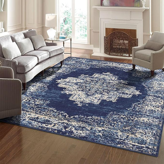 vivorug 9x12 Area Rugs for Living Room, Non Slip Machine Washable Vintage Navy Blue Rug, Ultra-Thin Lightweight Large Area Rug for Bedroom, Dining Room, Low Pile Rug