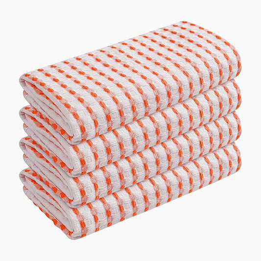 TWINY threads Waffle Dish Towels 4 Pack, 100% Cotton 16x26 Kitchen Hand Towel Pack, Highly Absorbent & Quick Dry Dishcloth Set for Drying Dishes, Cleaning Counters & Everyday Use, Orange, White