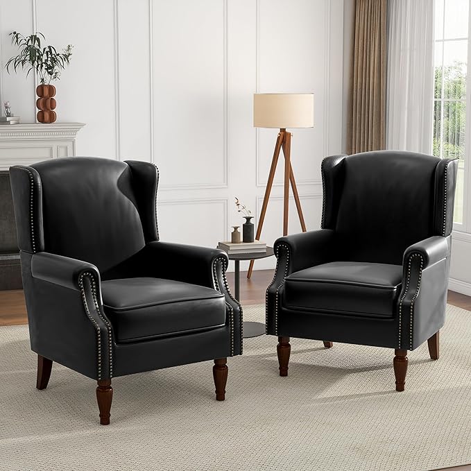 Faux Leather High Back Accent Chairs Set of 2, Upholstered Armchair for Living Room, Retro Wingback Arm Chair Nailhead Trim Single Sofa Bedroom Reading Seat with Solid Wood Legs - Black