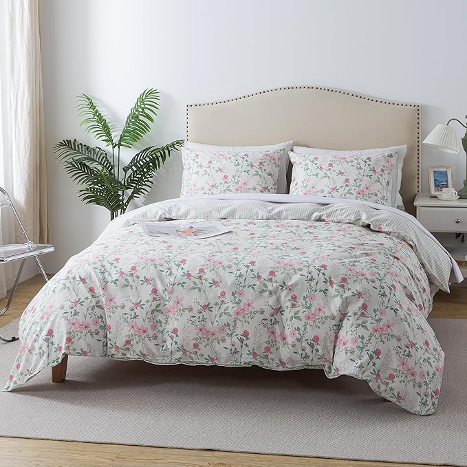 HoneiLife Duvet Dover Queen Size - 100% Cotton Comforter Cover, Breathable Bedlinen for Set for Queen Beds, 3-PC Wildflower Comforter Cover Sets, Fuchsia‌
