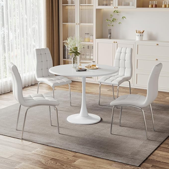 AF ARTISAN FURNITURE White Round MDF-Metal Dining Table Set for 4, 31.5" Round Tulip Table Kitchen Dining Table with 4 PU Chairs for Office Living Room Small Space Patio Balcony