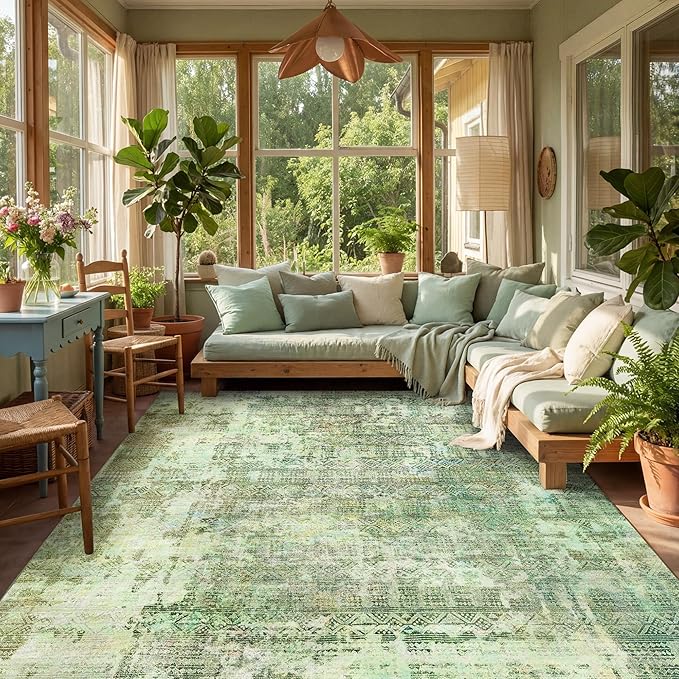 Kokia Abstract Green Area Rugs Washable Indoor 6x9 Rug Boho Distressed Retro Low Pile Non-Slip Non-Shedding Carpet Bedroom Living Room Dining Room, Sage Green