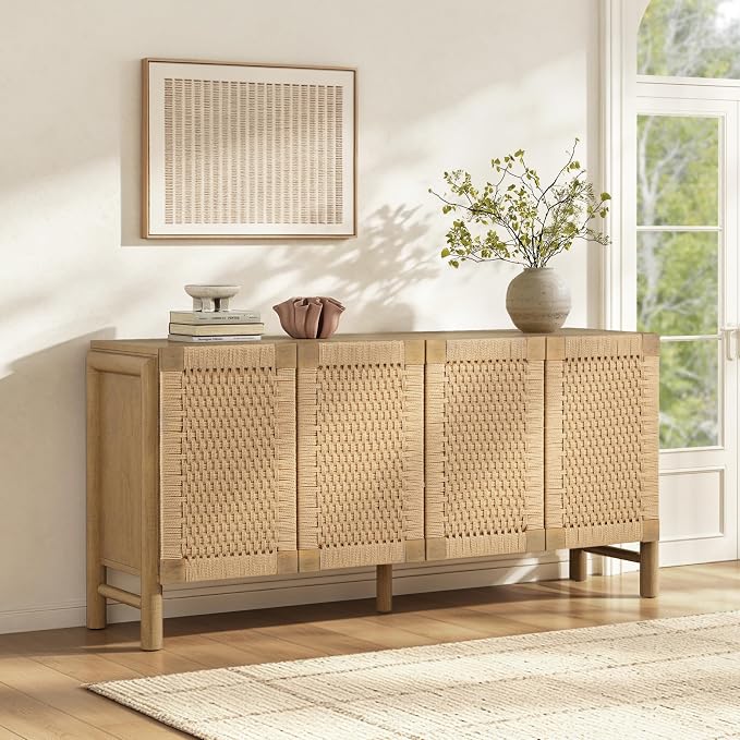 Christopher Knight Home Boho Buffet Cabinet 65.6’’ Modern Coastal Credenza Sideboard Storage Cabinet with Accent Handwoven Paper Rope Doors for Living Room, Dining Room, Hallway & Kitchen, Natural