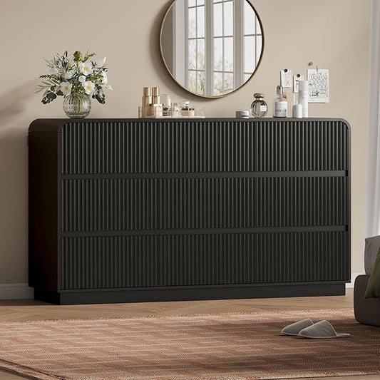 Black Dresser Fluted 9 Drawers Dresser for Bedroom, 59" Wide Wood Chest of Drawers with Hidden Handles & Rounded Corners, Modern TV Stand Storage Cabinet for Living Room, Hallway, Entryway