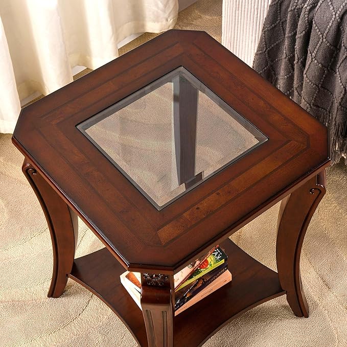 Solid Wood Side Table with Storage Shelf, 2-Tier Square End Tables Living Room, Traditional Style End Table, Vintage Beside Table with Curved Legs and Glass Tabletop, Cherry Walnut Accent Table GT