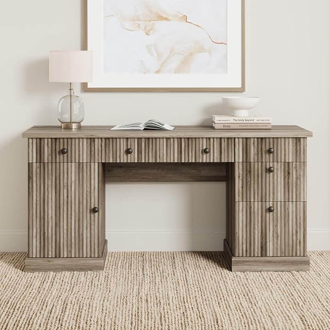 Garvee 60" Office Desk with Storage & Drawers. Fluted Wood Computer Desk with Power Outlet & Adjustable Shelves.Modern Executive Desk for Home Office/Bedroom/Gaming-Grey