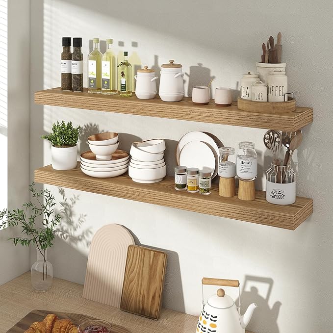 36 Inch Floating Shelves for Wall 2 Pack, 36" Wall Shelves for Books, Storage, Decor, Wall Mounted Floating Shelf with Invisible Brackets for Kitchen, Living Room, Light Brown