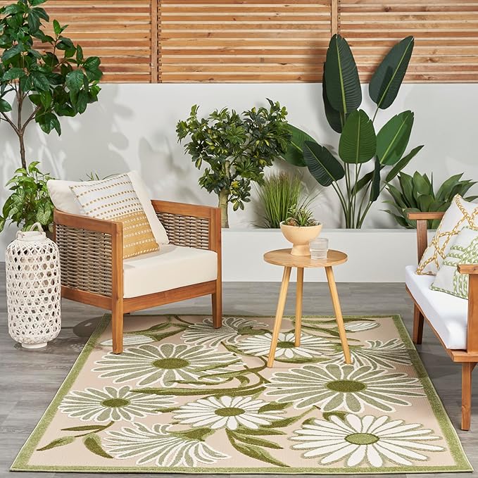 Nourison Home Aloha Ivory Green 3'6" x 5'6" Area Rug - Easy Clean, Non Shedding, Bed Room, Living Room, Dining Room, Kitchen (4' x 6')
