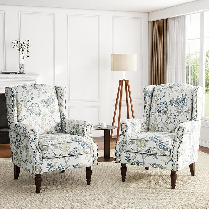 High Back Floral Accent Chairs Set of 2, Upholstered Armchair in Fabric, Retro Printed Wingback Arm Chair for Living Room, Nailhead Trim Single Sofa Bedroom Reading Seat - Plants Blue