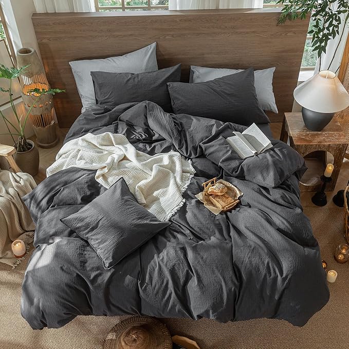 MooMee Wavy Striped Duvet Cover Set 100% Washed Cotton Linen Like Textured Breathable Durable Soft Comfy (Charocal Grey, Queen 90"x90")