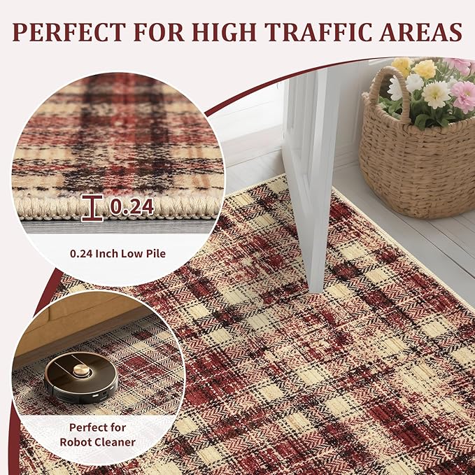 Washable Rugs 4x6 Rug for Living Room Modern Plaid Area Rug for Bedroom Tartan Farmhouse Red Non Slip Entryway Rug Soft Stain Resistant Carpet for Nursery Entrance Dining Room 4'x6' Red