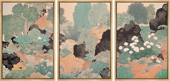wall26 Framed Print Wall Art Set Vintage Japanese Garden Landscape Decorative Minimal Relax/Zen for Living Room, Bedroom, Office - 24"x36"x3 NATURAL