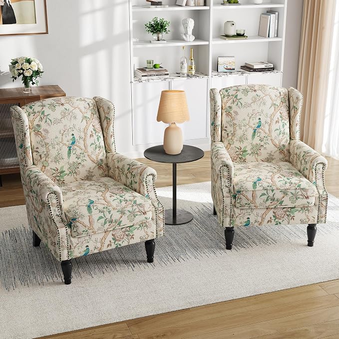Pia Ricco High Back Floral Accent Chair - Retro Wingback Upholstered Armchair with Nailhead Trim, Solid Wood Legs, Fabric Living Room Bedroom Home Office Reading Chair (Bird Pattern)