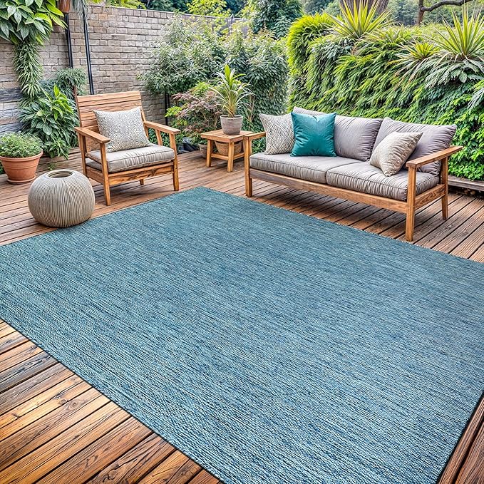 Washable Indoor Outdoor Rug Weather Resistant Carpet Modern Solid for Porch Deck Balcony Backyard Patio Rug 8x10 Aqua Blue