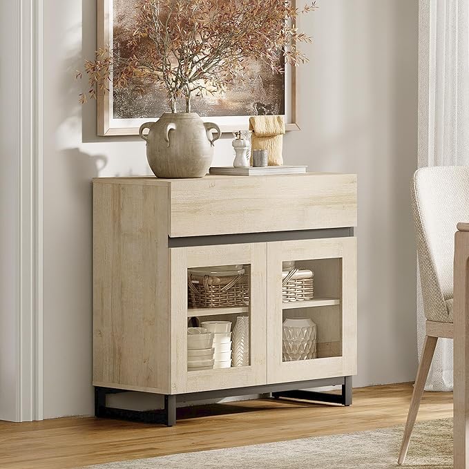 WAMPAT Sideboard Buffet Cabinets with Glass Doors and Drawer, Modern Sideboard Credenza with Adjustable Shelf, Coffee Bar Storage Cabinet for Living Room, Kitchen, Light Oak
