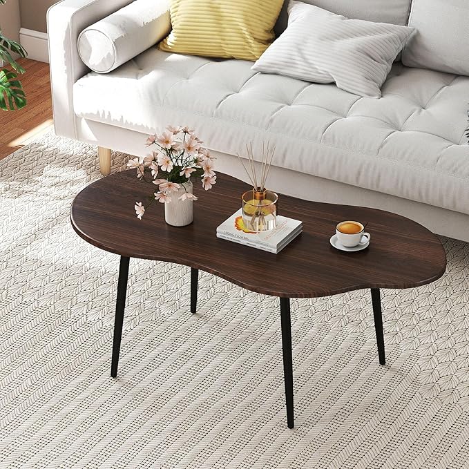 Giantex Small Coffee Table, 39.5" Cloud Center Table with Metal Frame, Unique Irregular Accent Cocktail Tea Table, Modern Wood Coffee Table for Living Room, Small Spaces (Walnut)
