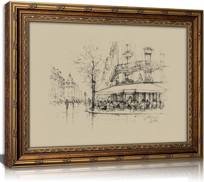 Vintage Gold Framed Black and White Sketch Wall Art French Cafe Sketch Canvas Prints Retro Paris City Landscape Poster Artwork French Bistro Wall Decor for Dining Room Kitchen Urban Decor 16x24in