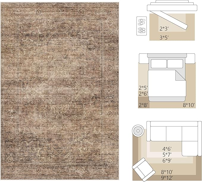 Fmfunctex 6x9 Washable Area Rug Rust Brown Vintage Neutral Distressed Oriental Large Non Slip Carpet for Living Room Bedroom Soft Low Pile Indoor Retro Throw Rug for Dining Room Kitchen Office Nursery